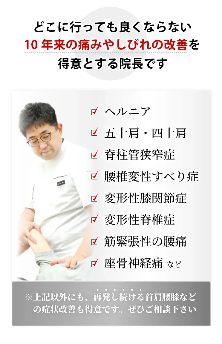 ヘルニアや脊柱管狭窄症など、症状名を告げられた型のお悩み改善が得意な院長です
